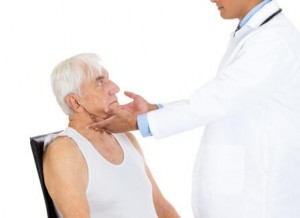 Closeup cropped image, doctor performing physical exam, palpation of lymph nodes. Young male physician and elderly sick patient, isolated white background. Patient visit, appointment, care concept