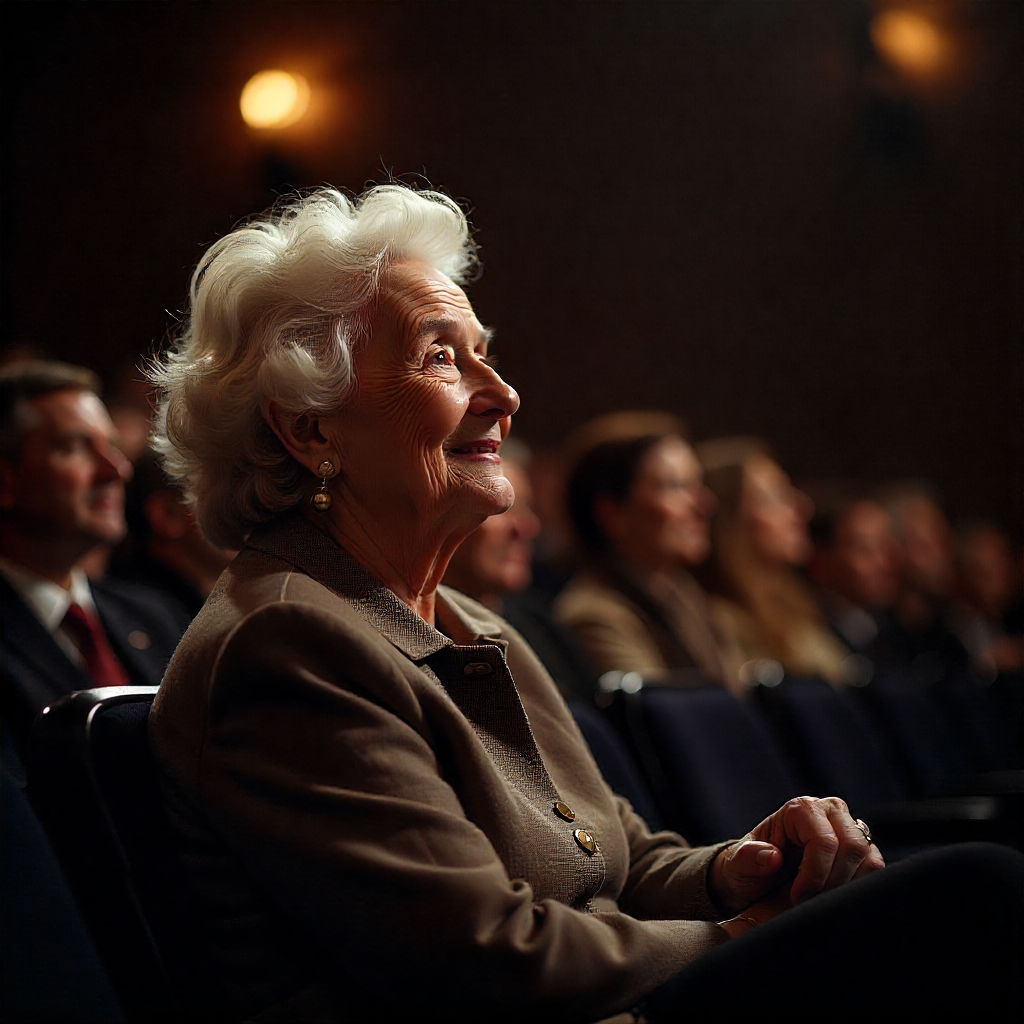 Older woman watching a performance in a darkened theatre, slightly smiling and enjoying herself